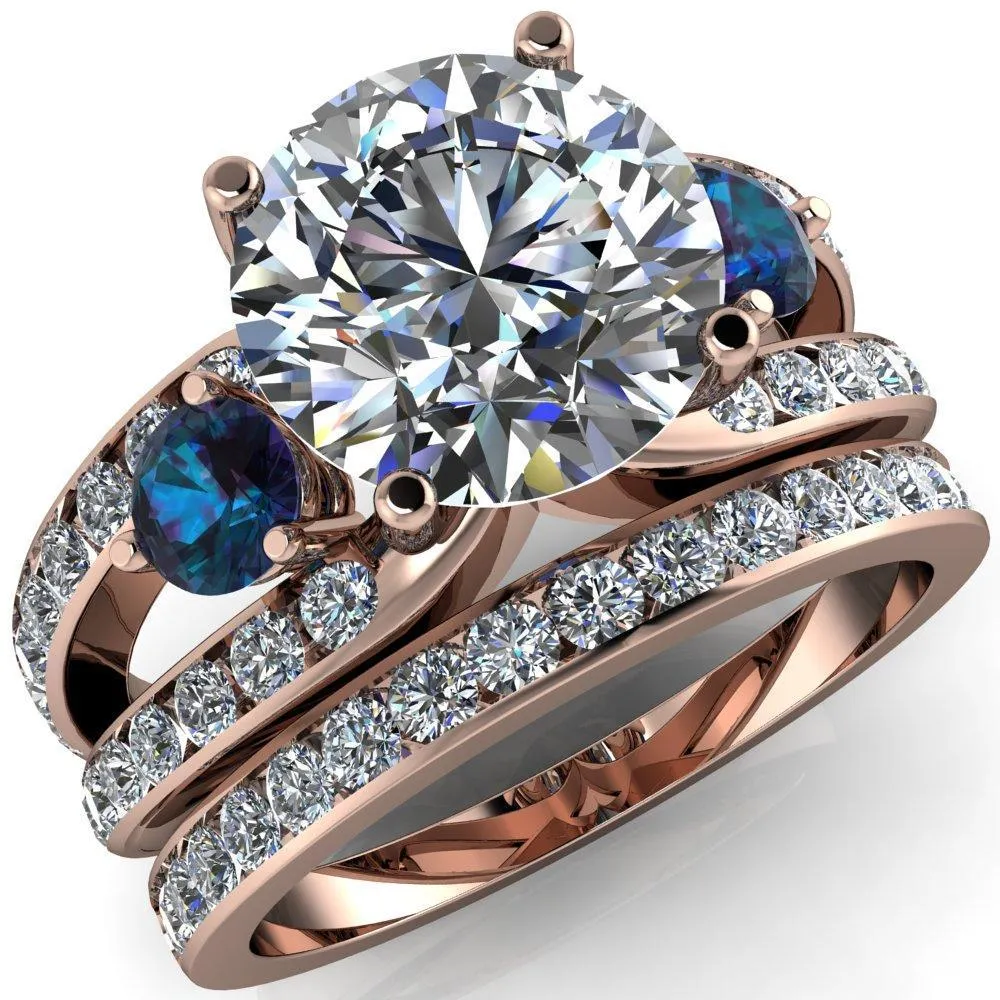 Orion Round Center Stone 2 Round Alexandrite Sides Split Shank Diamond Channel Set Ring
