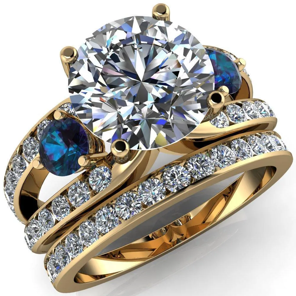 Orion Round Center Stone 2 Round Alexandrite Sides Split Shank Diamond Channel Set Ring