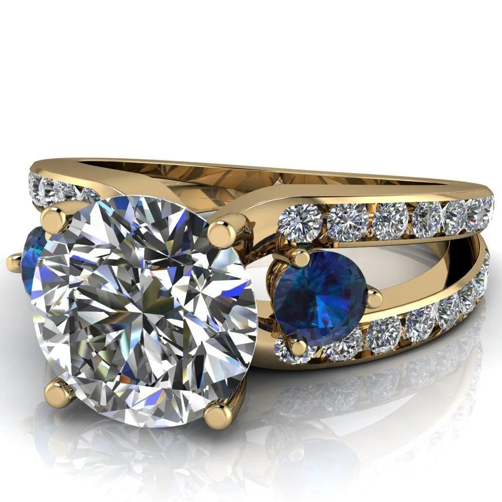 Orion Round Center Stone 2 Round Alexandrite Sides Split Shank Diamond Channel Set Ring
