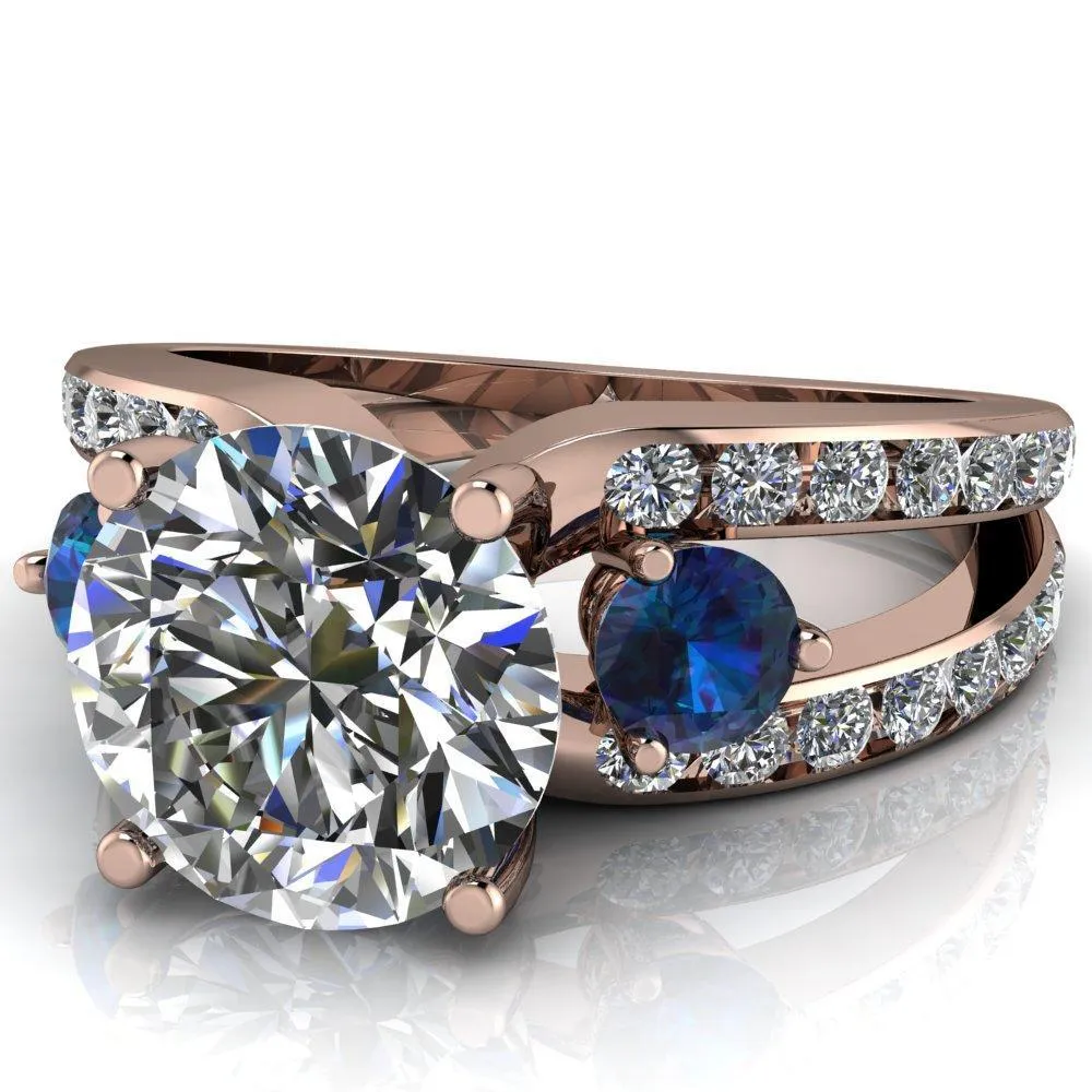 Orion Round Center Stone 2 Round Alexandrite Sides Split Shank Diamond Channel Set Ring