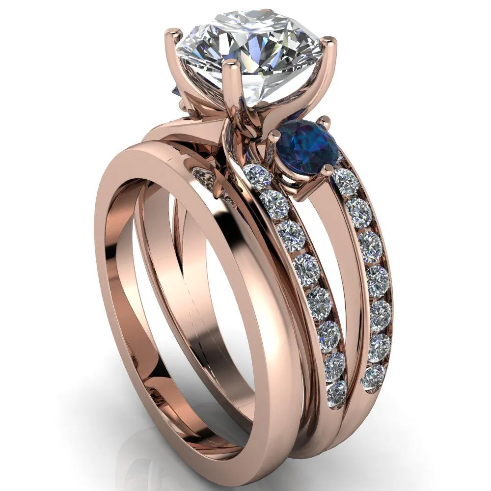Orion Round Center Stone 2 Round Alexandrite Sides Split Shank Diamond Channel Set Ring