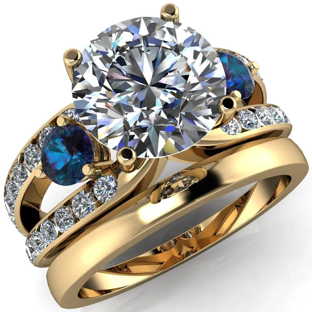 Orion Round Center Stone 2 Round Alexandrite Sides Split Shank Diamond Channel Set Ring