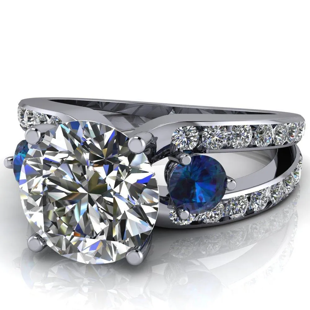 Orion Round Center Stone 2 Round Alexandrite Sides Split Shank Diamond Channel Set Ring