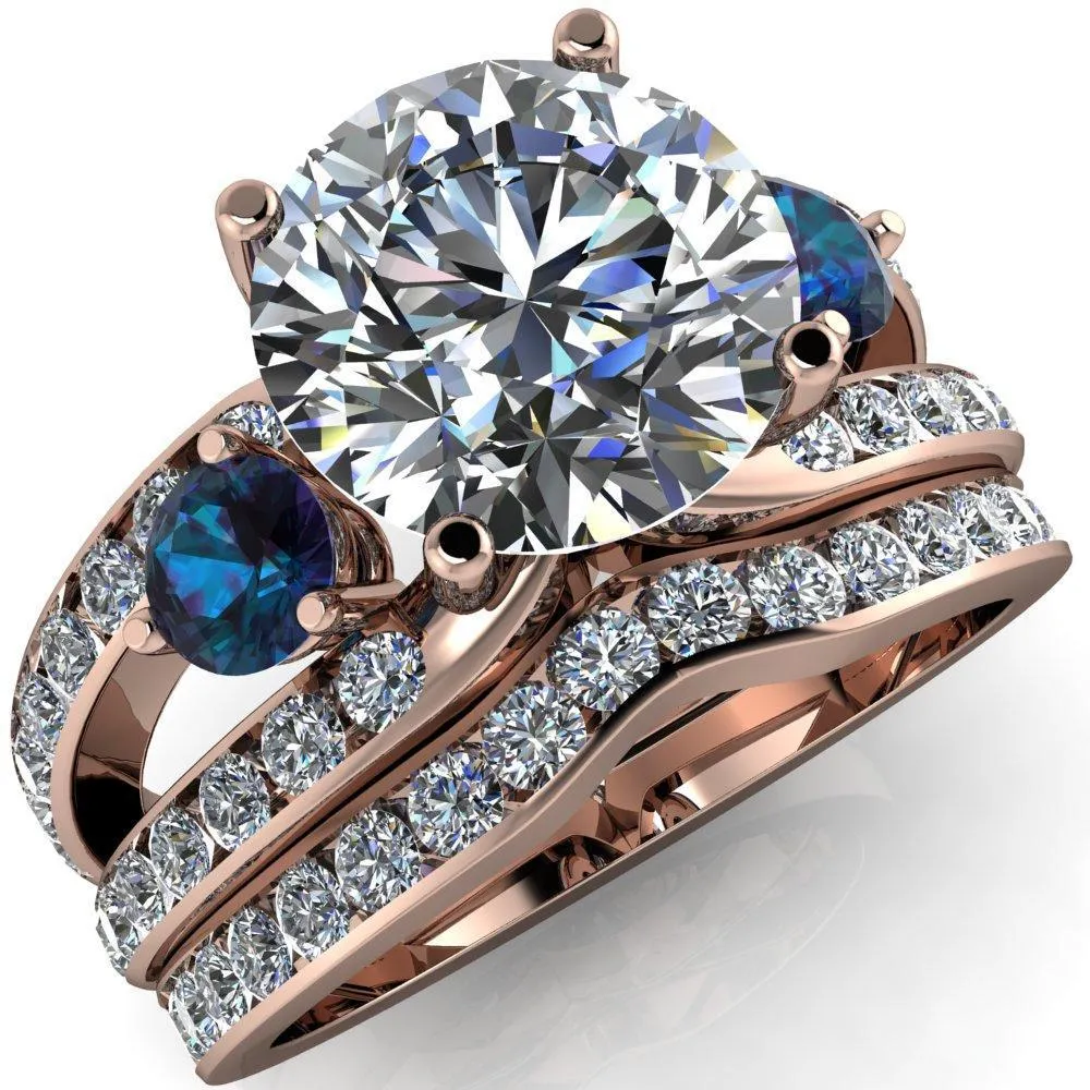 Orion Round Center Stone 2 Round Alexandrite Sides Split Shank Diamond Channel Set Ring