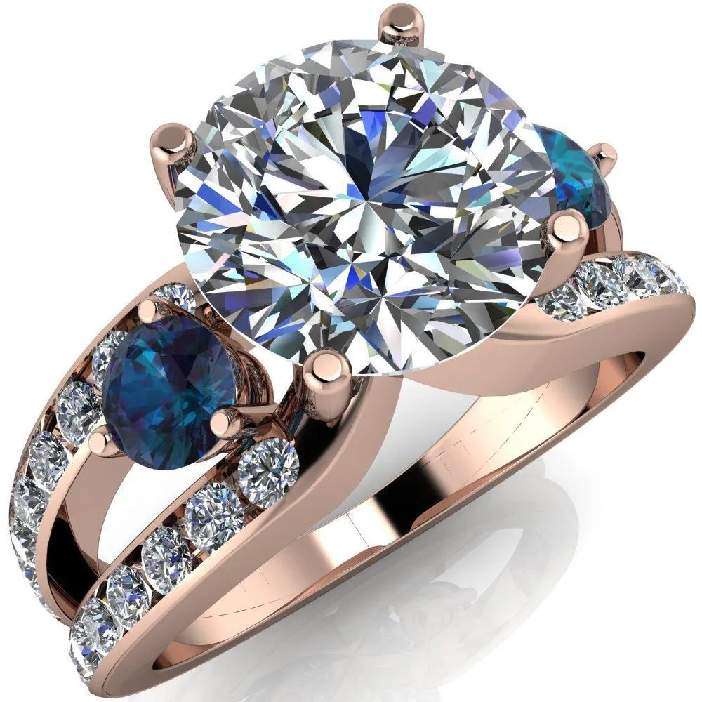 Orion Round Center Stone 2 Round Alexandrite Sides Split Shank Diamond Channel Set Ring