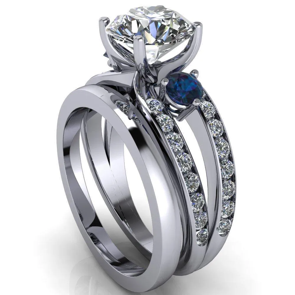Orion Round Center Stone 2 Round Alexandrite Sides Split Shank Diamond Channel Set Ring
