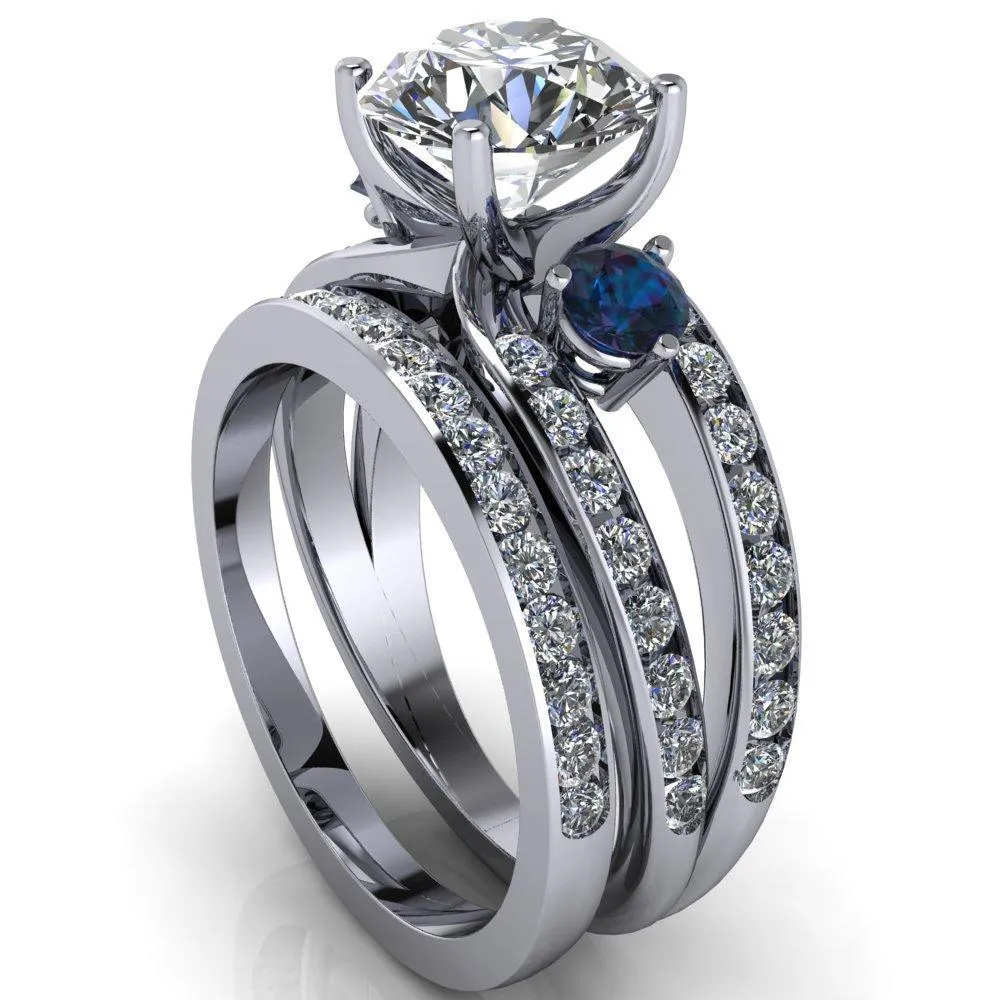 Orion Round Center Stone 2 Round Alexandrite Sides Split Shank Diamond Channel Set Ring