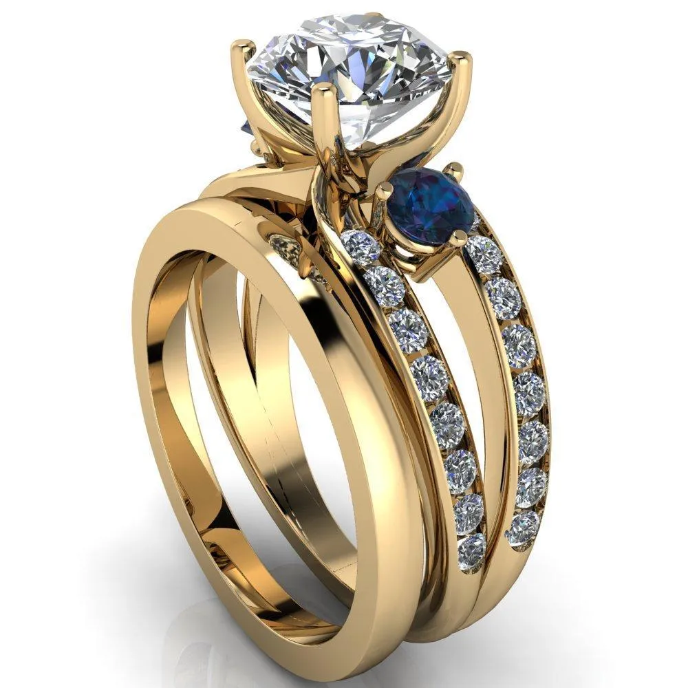 Orion Round Center Stone 2 Round Alexandrite Sides Split Shank Diamond Channel Set Ring
