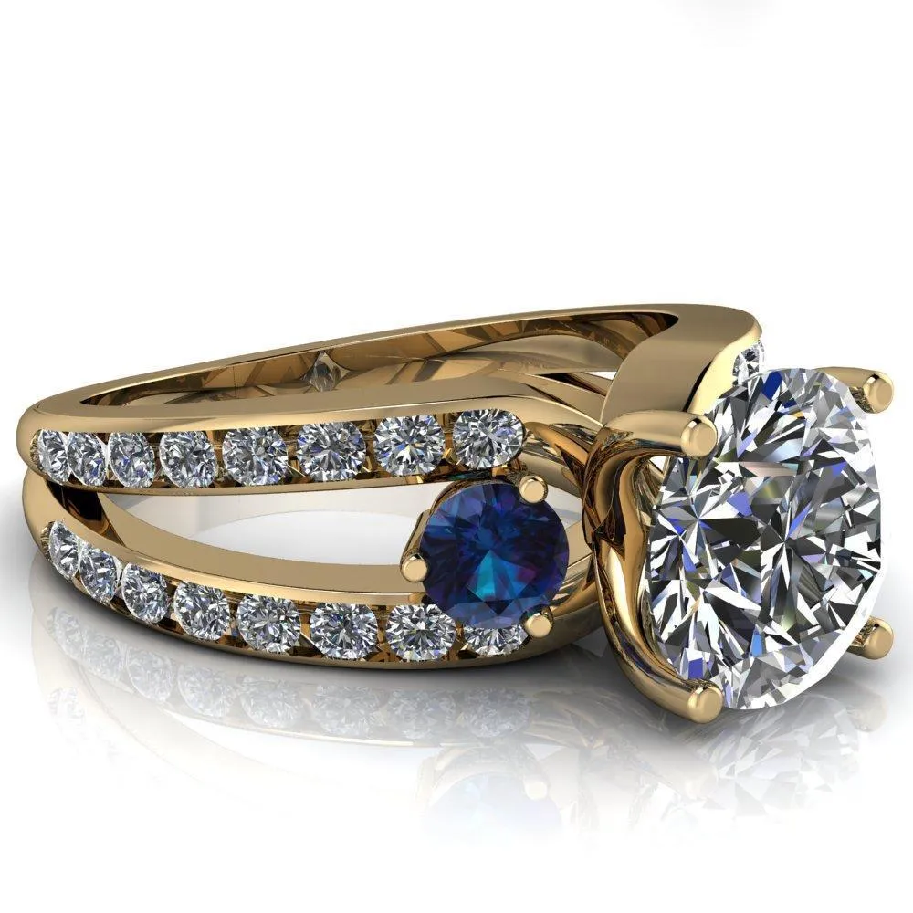 Orion Round Center Stone 2 Round Alexandrite Sides Split Shank Diamond Channel Set Ring