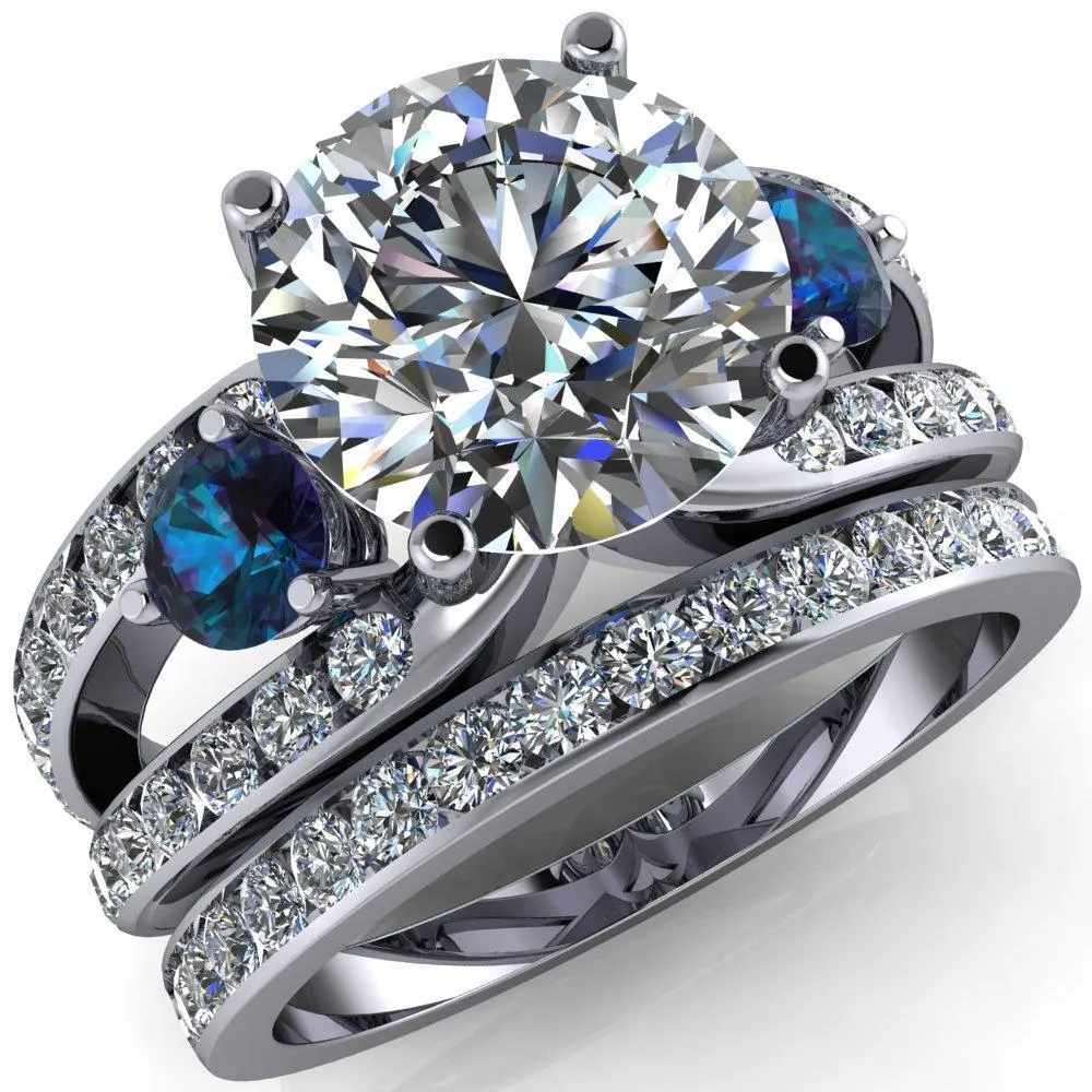 Orion Round Center Stone 2 Round Alexandrite Sides Split Shank Diamond Channel Set Ring