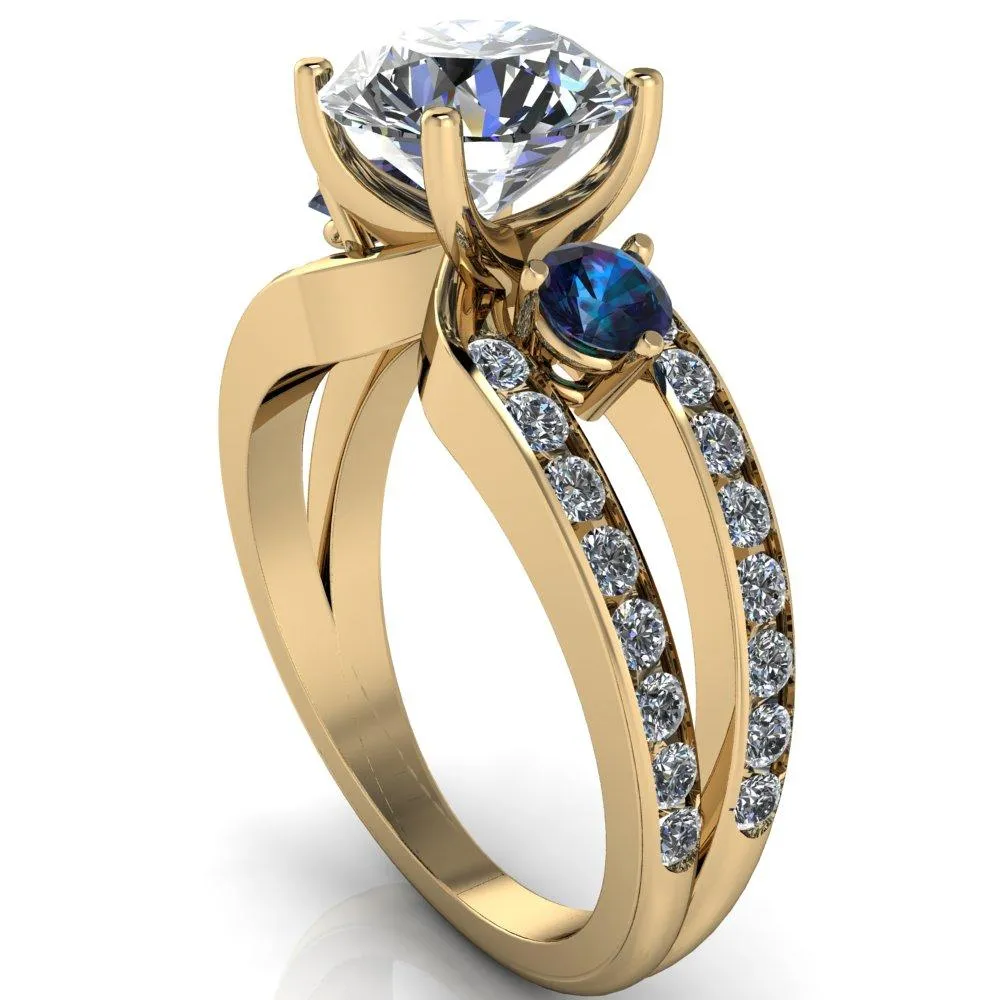 Orion Round Center Stone 2 Round Alexandrite Sides Split Shank Diamond Channel Set Ring