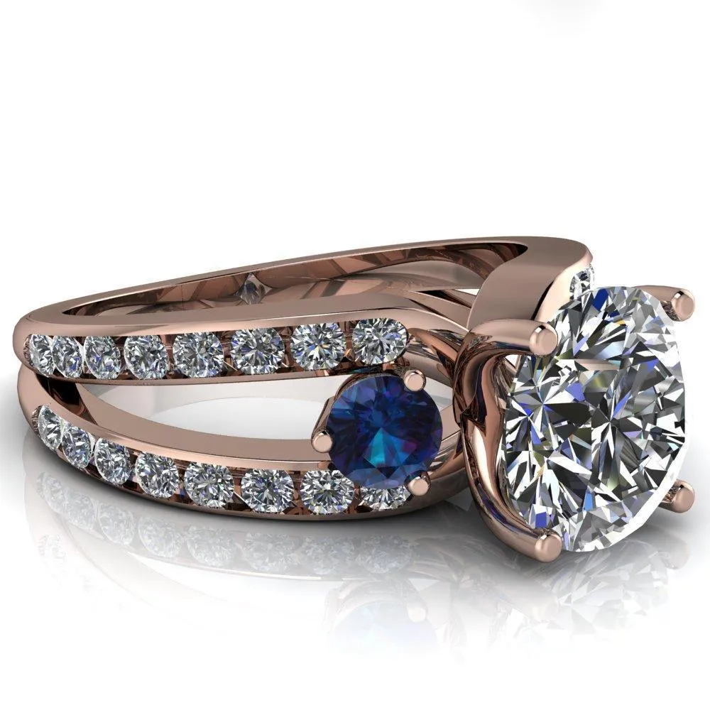 Orion Round Center Stone 2 Round Alexandrite Sides Split Shank Diamond Channel Set Ring