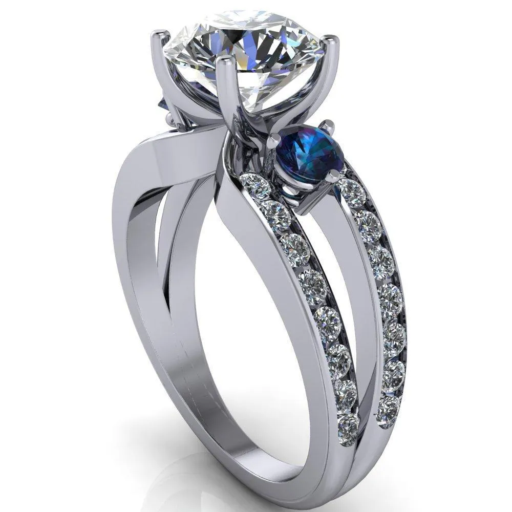 Orion Round Center Stone 2 Round Alexandrite Sides Split Shank Diamond Channel Set Ring