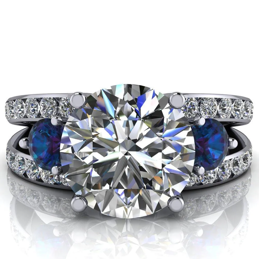 Orion Round Center Stone 2 Round Alexandrite Sides Split Shank Diamond Channel Set Ring