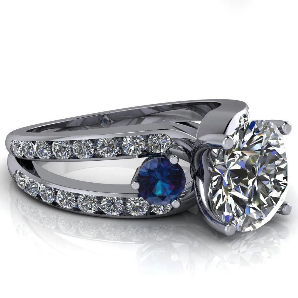 Orion Round Center Stone 2 Round Alexandrite Sides Split Shank Diamond Channel Set Ring