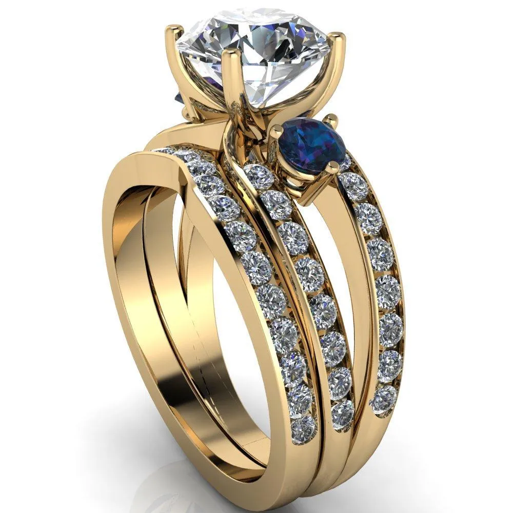 Orion Round Center Stone 2 Round Alexandrite Sides Split Shank Diamond Channel Set Ring