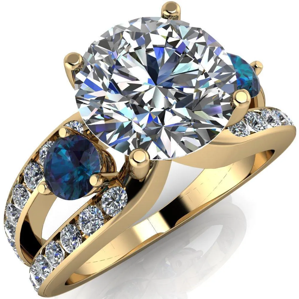 Orion Round Center Stone 2 Round Alexandrite Sides Split Shank Diamond Channel Set Ring
