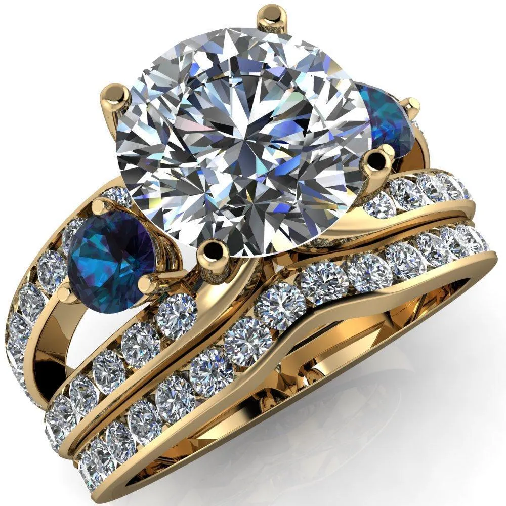 Orion Round Center Stone 2 Round Alexandrite Sides Split Shank Diamond Channel Set Ring