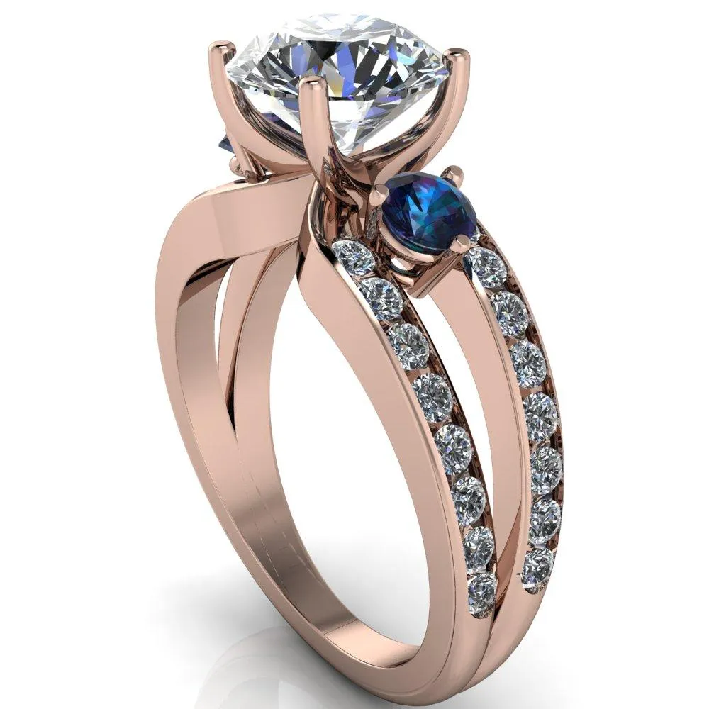 Orion Round Center Stone 2 Round Alexandrite Sides Split Shank Diamond Channel Set Ring