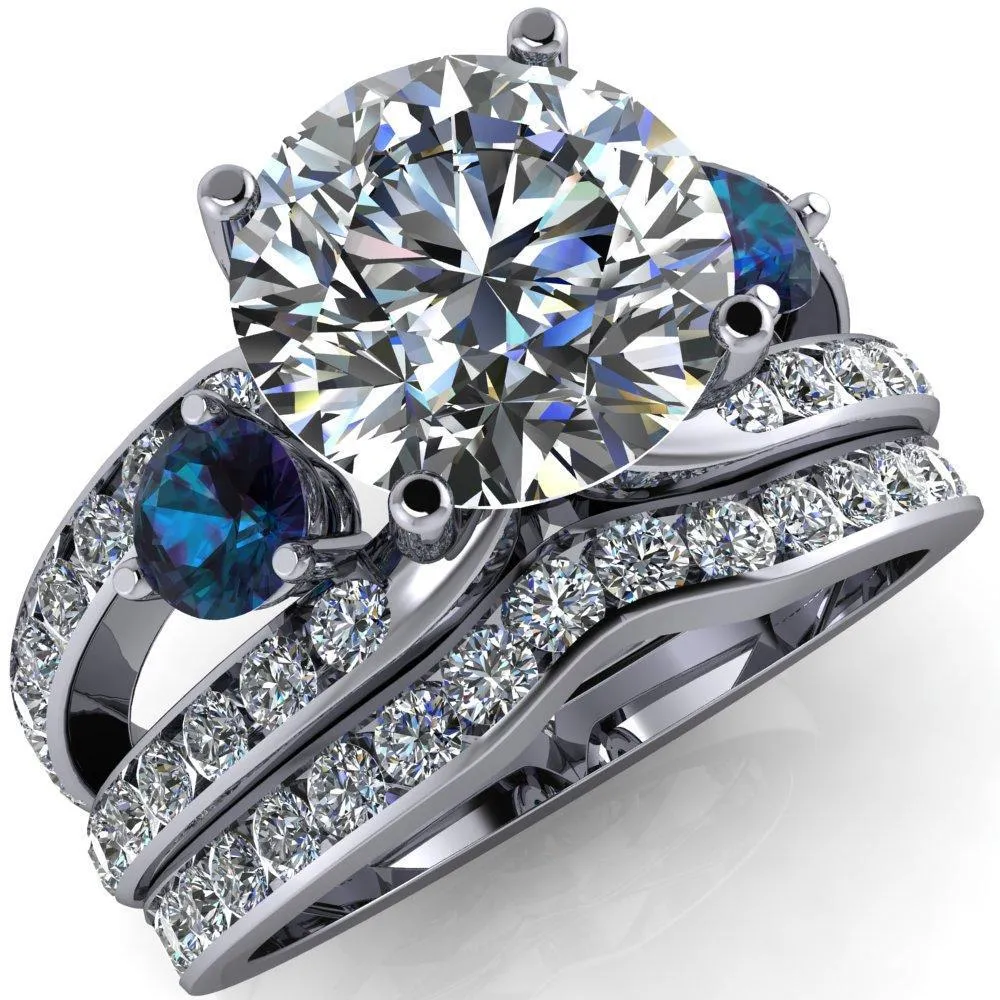 Orion Round Center Stone 2 Round Alexandrite Sides Split Shank Diamond Channel Set Ring