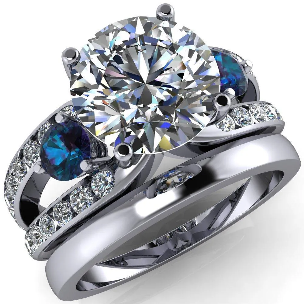 Orion Round Center Stone 2 Round Alexandrite Sides Split Shank Diamond Channel Set Ring