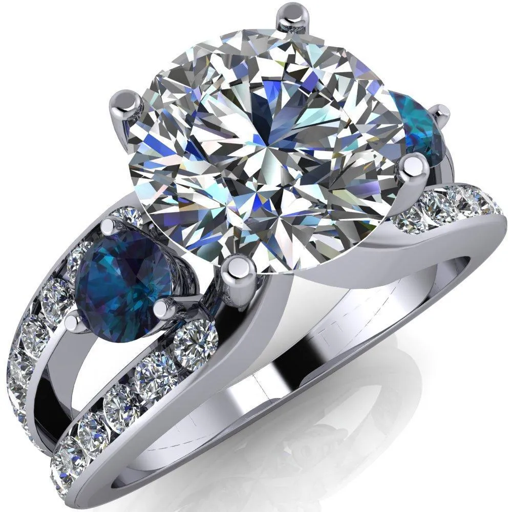 Orion Round Center Stone 2 Round Alexandrite Sides Split Shank Diamond Channel Set Ring