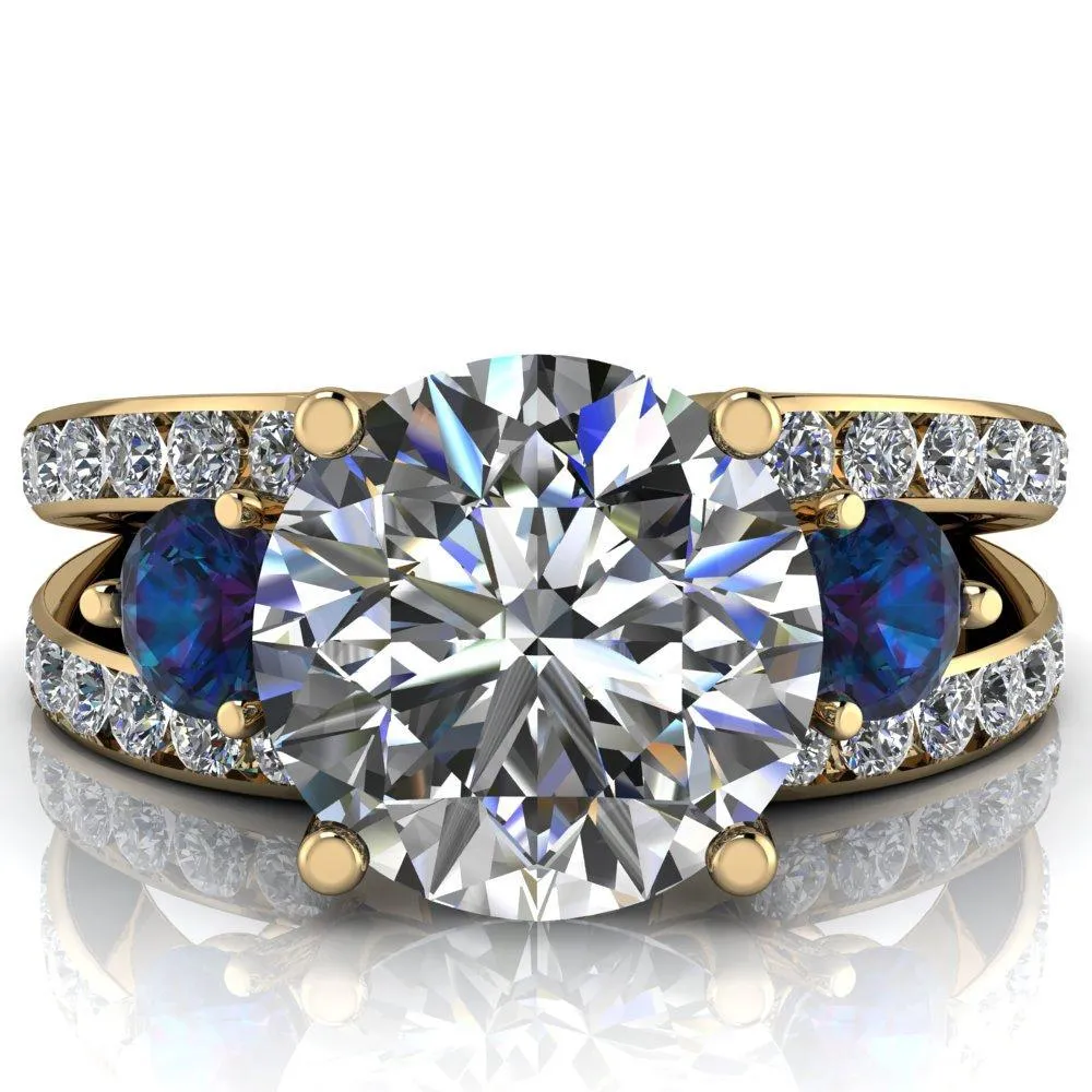 Orion Round Center Stone 2 Round Alexandrite Sides Split Shank Diamond Channel Set Ring