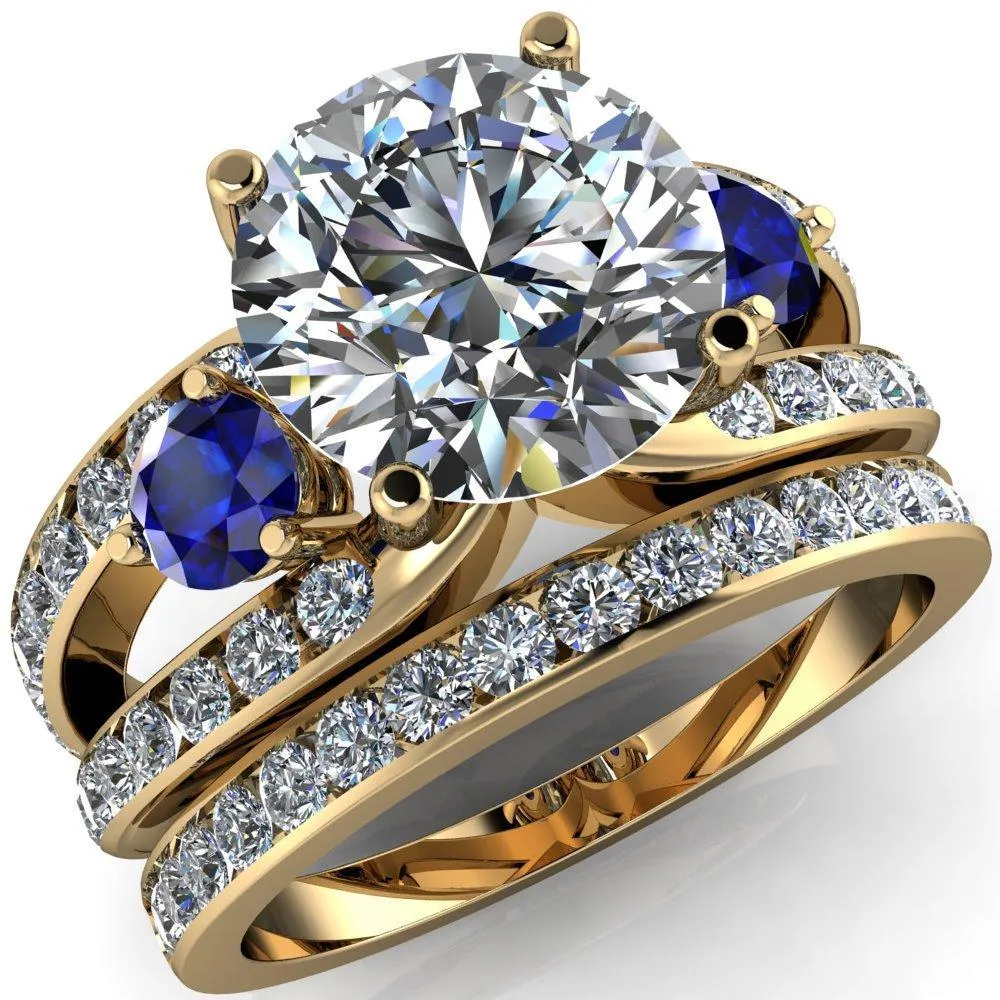 Orion Round Center Stone 2 Round Blue Sapphire Sides Split Shank Diamond Channel Set Ring