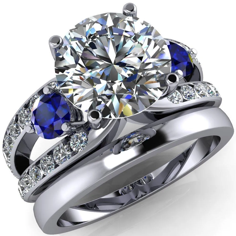 Orion Round Center Stone 2 Round Blue Sapphire Sides Split Shank Diamond Channel Set Ring