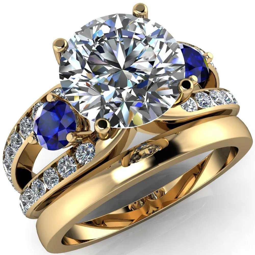 Orion Round Center Stone 2 Round Blue Sapphire Sides Split Shank Diamond Channel Set Ring