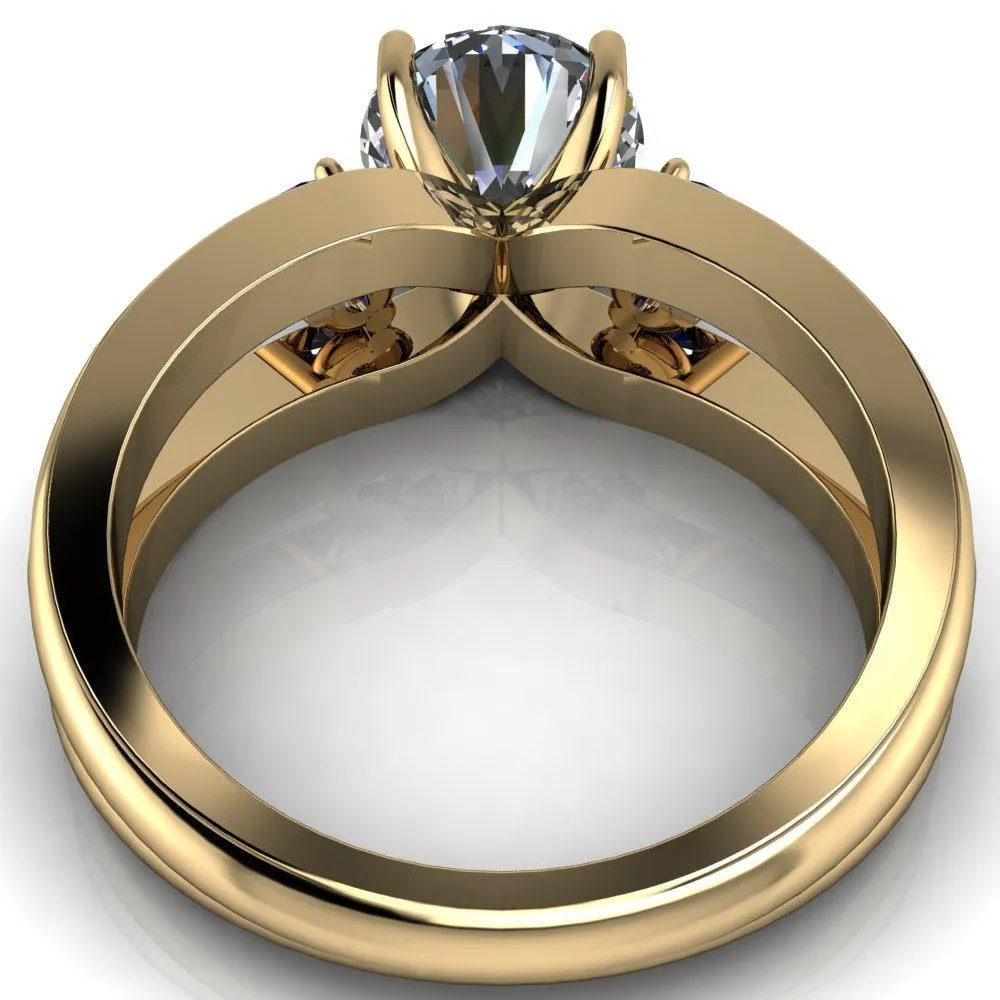 Orion Round Center Stone 2 Round Blue Sapphire Sides Split Shank Diamond Channel Set Ring
