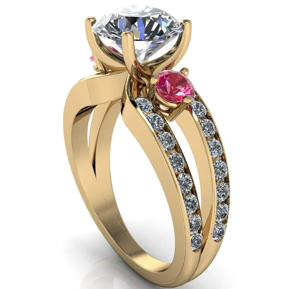 Orion Round Center Stone 2 Round Pink Sapphire Sides Split Shank Diamond Channel Set Ring
