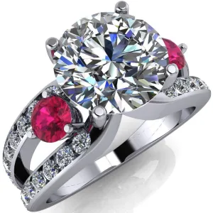 Orion Round Center Stone 2 Round Ruby Sides Split Shank Diamond Channel Set Ring