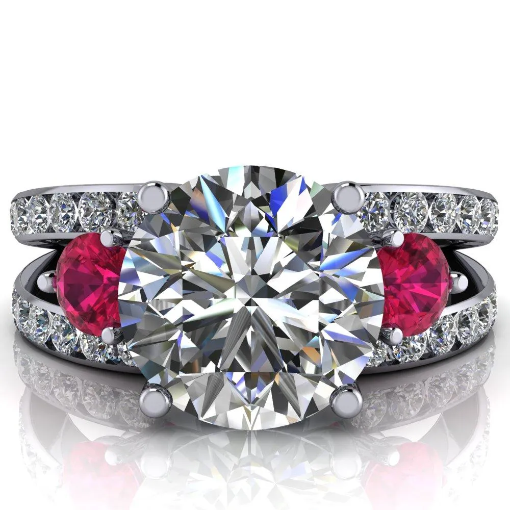 Orion Round Center Stone 2 Round Ruby Sides Split Shank Diamond Channel Set Ring