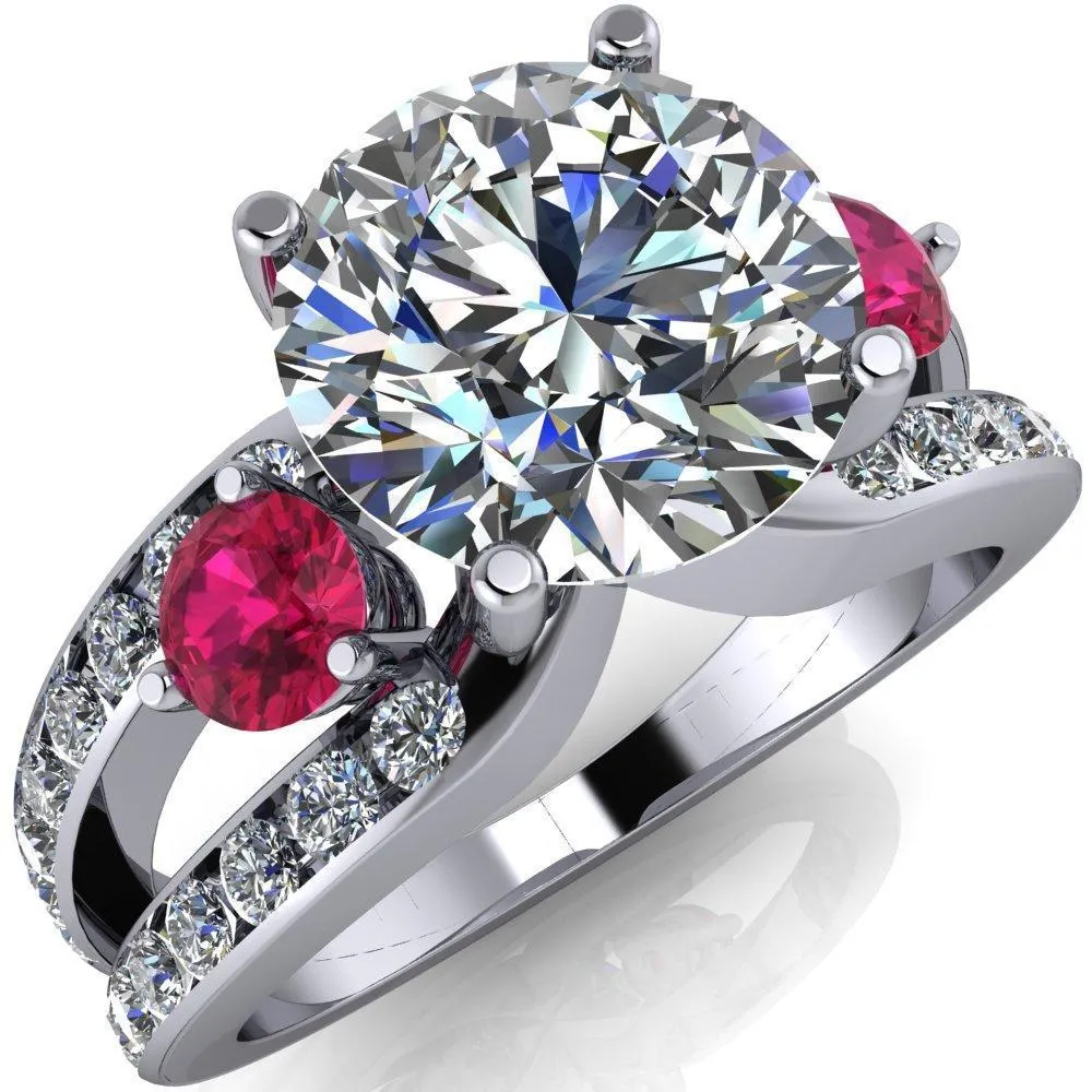 Orion Round Center Stone 2 Round Ruby Sides Split Shank Diamond Channel Set Ring