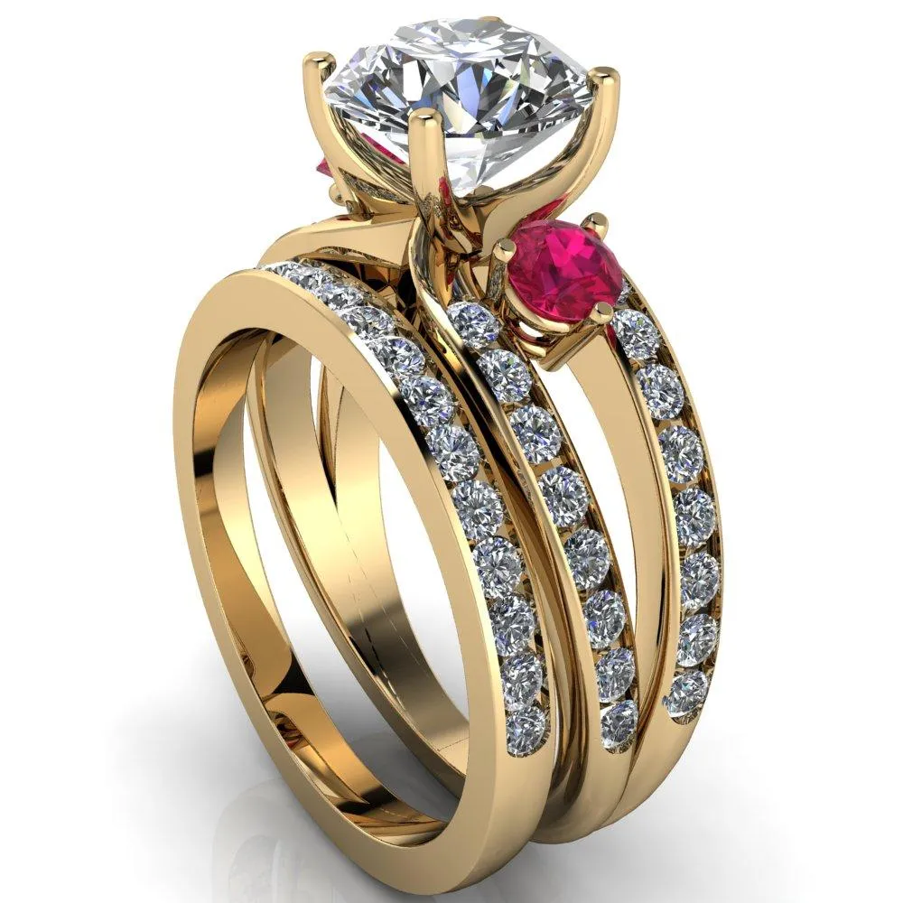 Orion Round Center Stone 2 Round Ruby Sides Split Shank Diamond Channel Set Ring