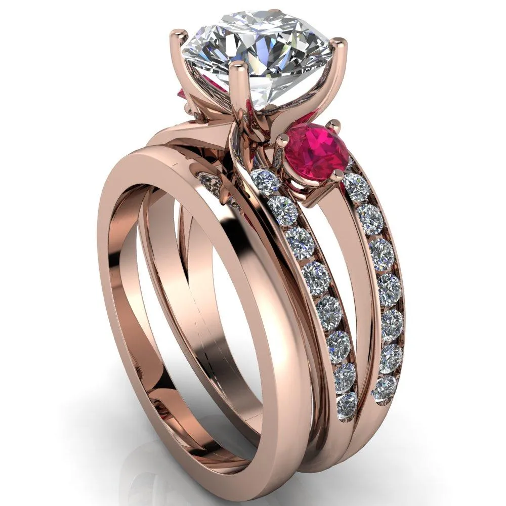 Orion Round Center Stone 2 Round Ruby Sides Split Shank Diamond Channel Set Ring