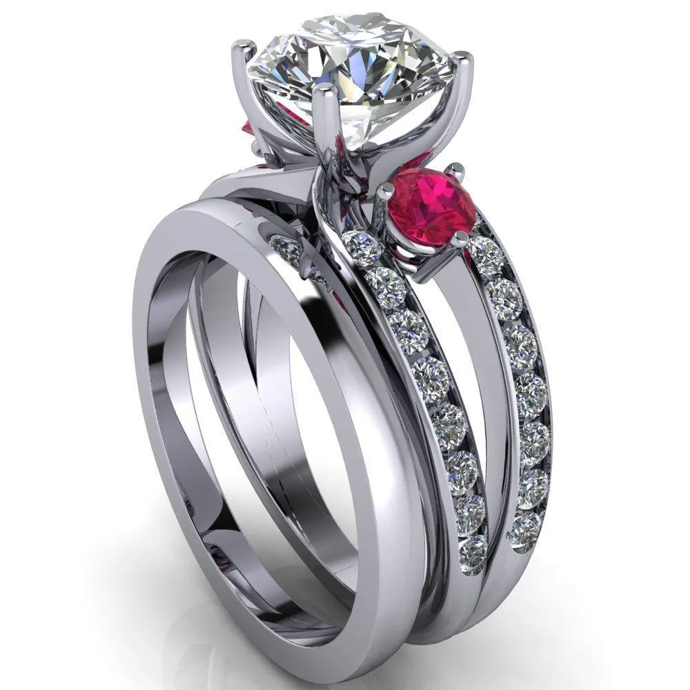 Orion Round Center Stone 2 Round Ruby Sides Split Shank Diamond Channel Set Ring