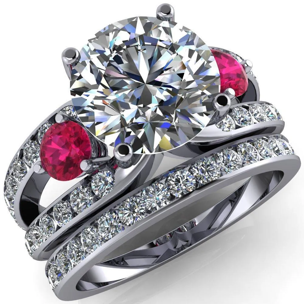 Orion Round Center Stone 2 Round Ruby Sides Split Shank Diamond Channel Set Ring