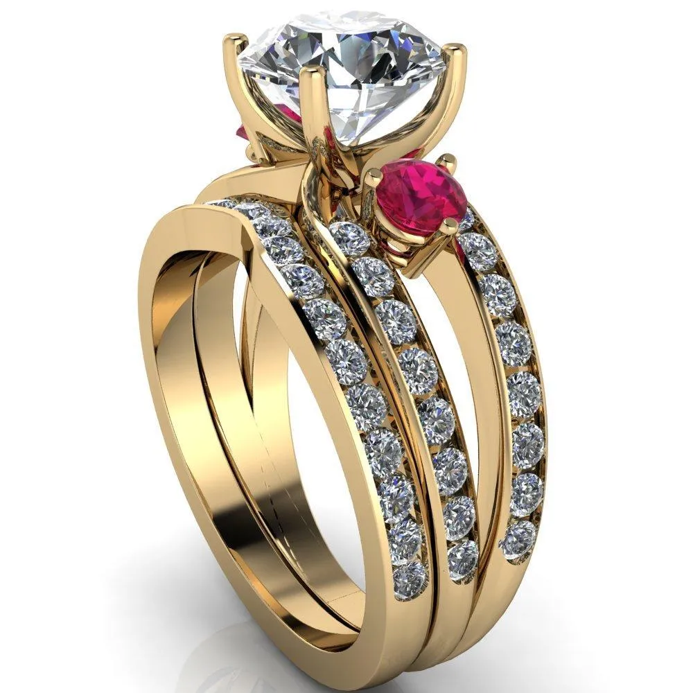Orion Round Center Stone 2 Round Ruby Sides Split Shank Diamond Channel Set Ring
