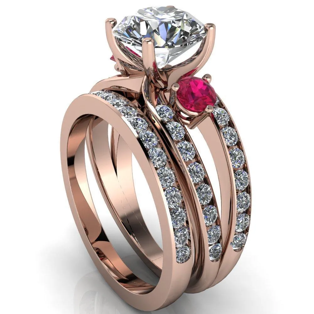Orion Round Center Stone 2 Round Ruby Sides Split Shank Diamond Channel Set Ring