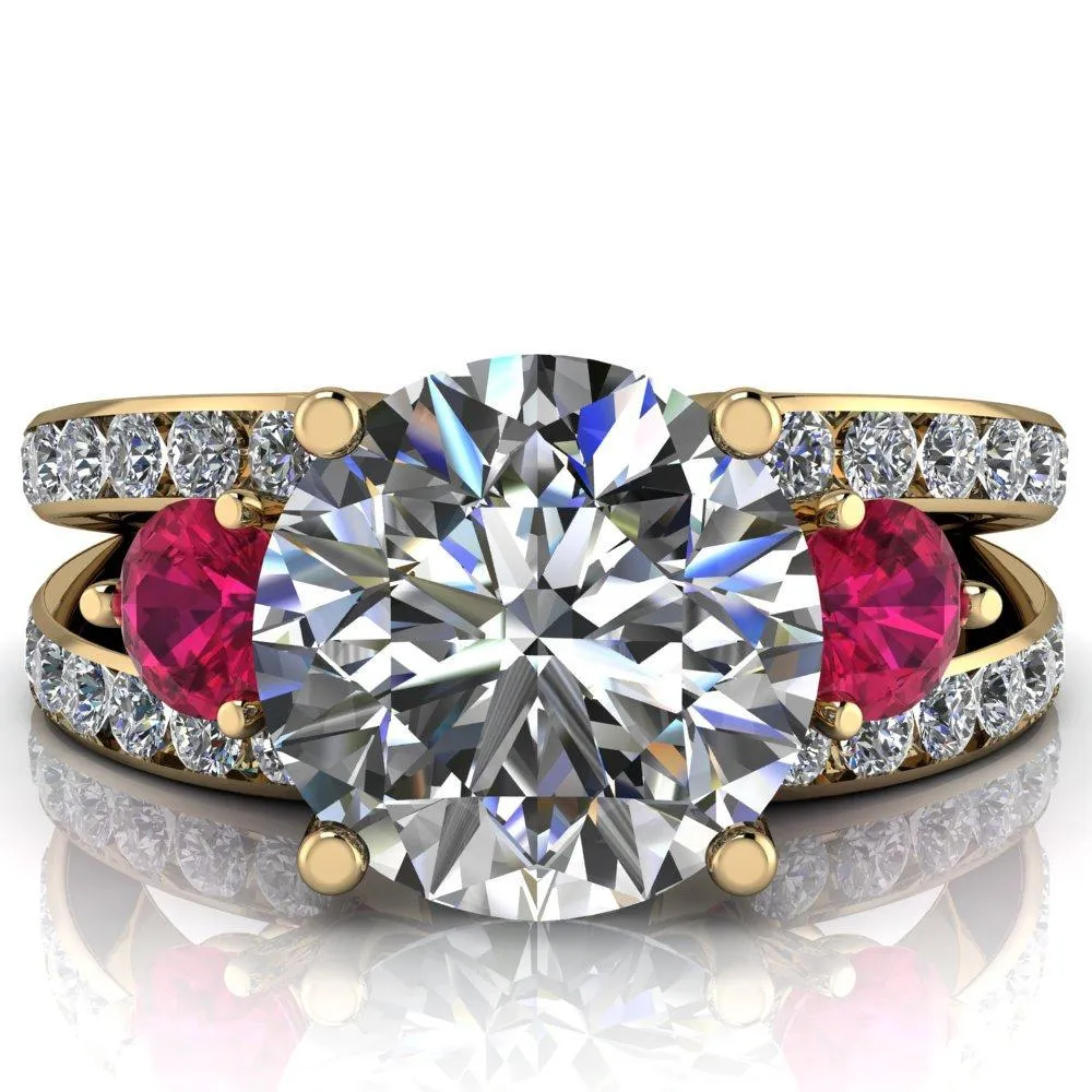 Orion Round Center Stone 2 Round Ruby Sides Split Shank Diamond Channel Set Ring