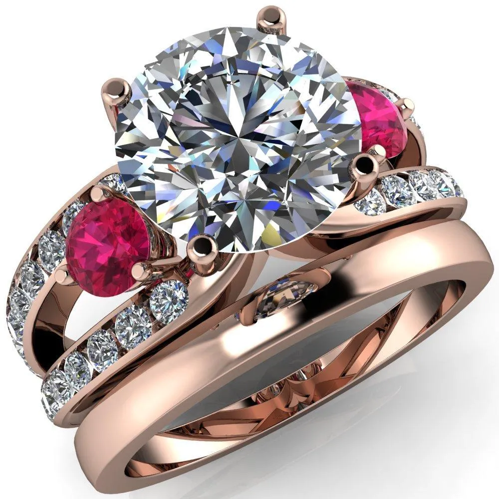 Orion Round Center Stone 2 Round Ruby Sides Split Shank Diamond Channel Set Ring