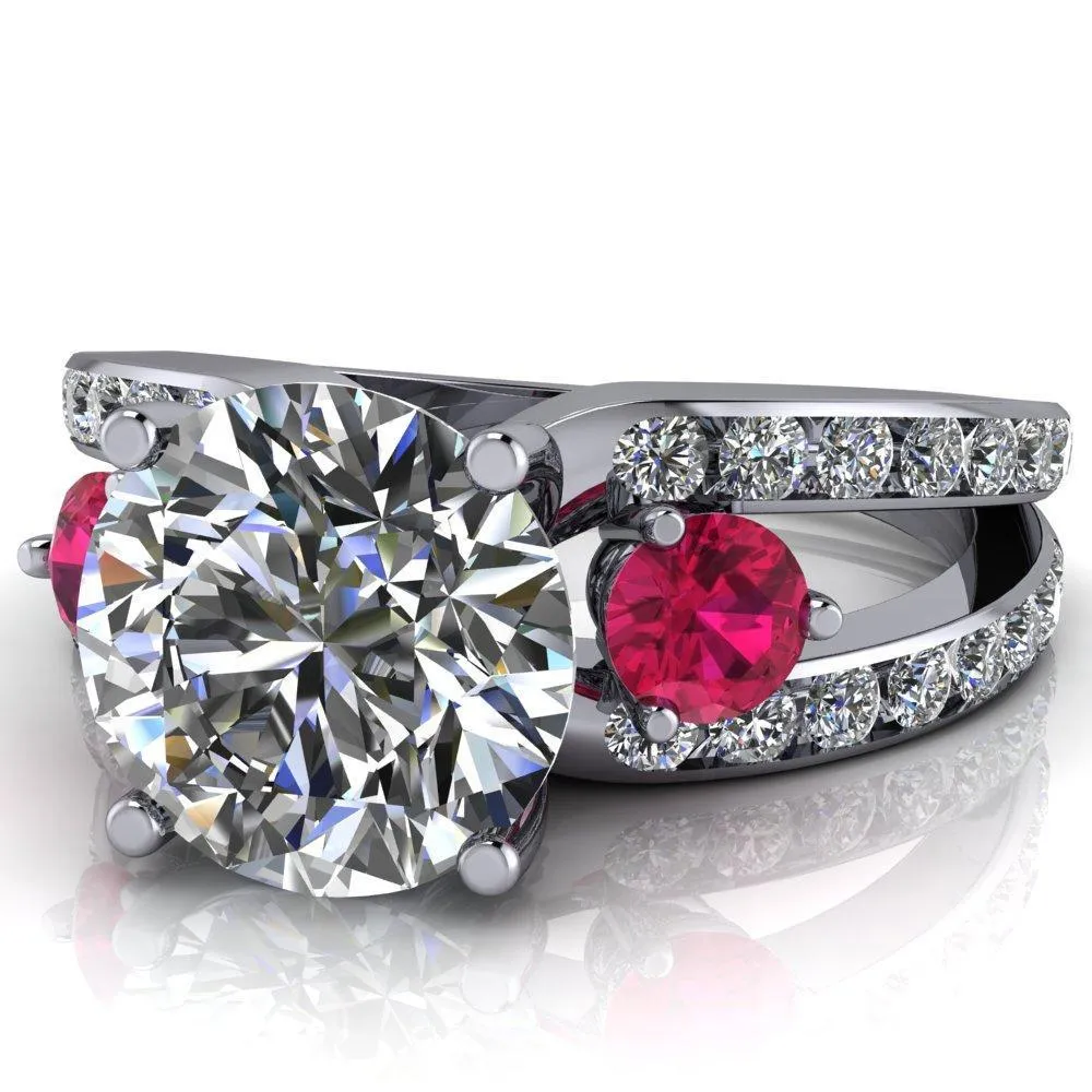 Orion Round Center Stone 2 Round Ruby Sides Split Shank Diamond Channel Set Ring