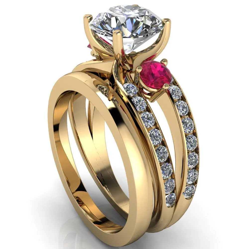 Orion Round Center Stone 2 Round Ruby Sides Split Shank Diamond Channel Set Ring