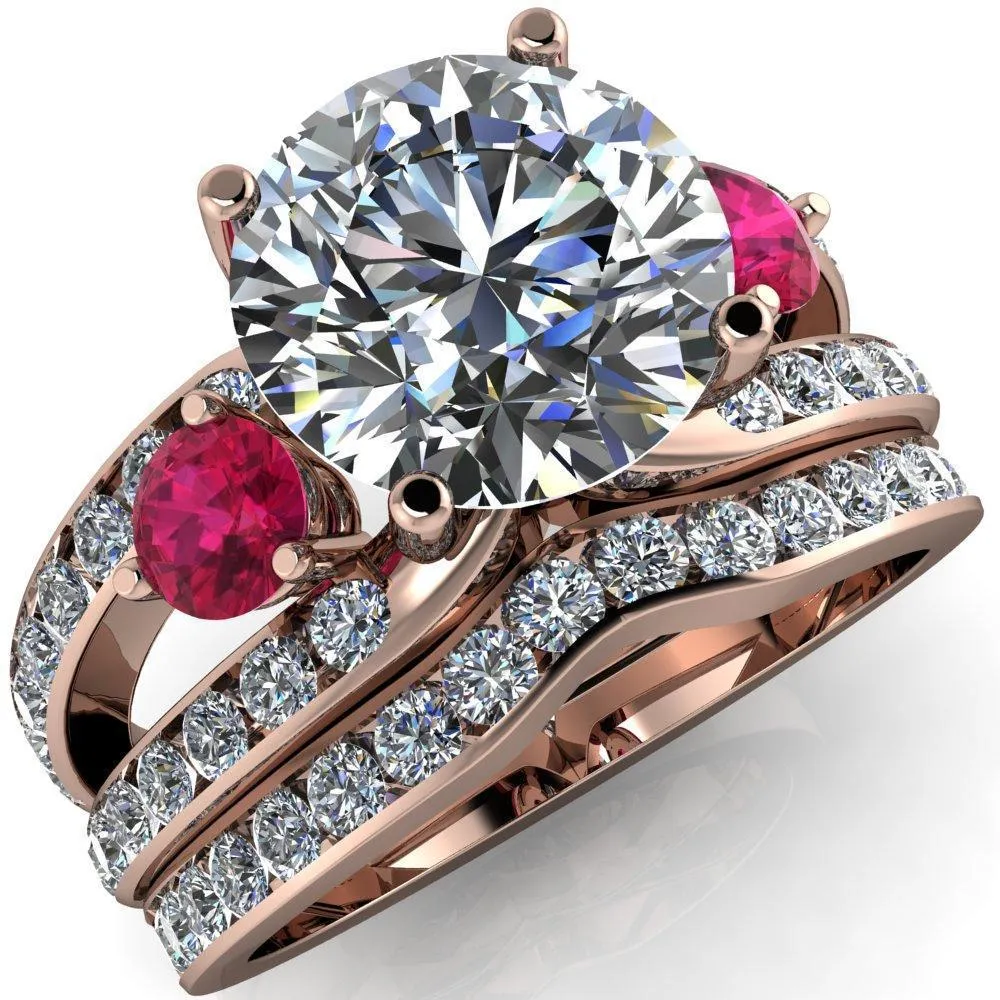Orion Round Center Stone 2 Round Ruby Sides Split Shank Diamond Channel Set Ring