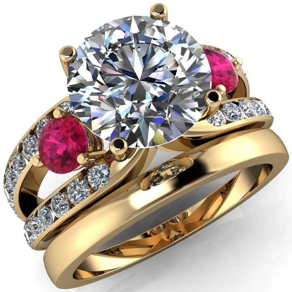 Orion Round Center Stone 2 Round Ruby Sides Split Shank Diamond Channel Set Ring
