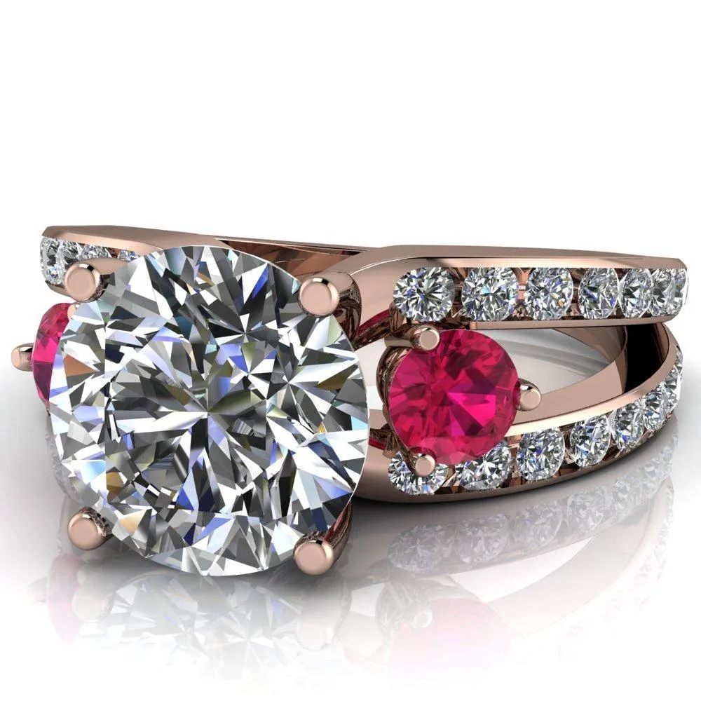 Orion Round Center Stone 2 Round Ruby Sides Split Shank Diamond Channel Set Ring