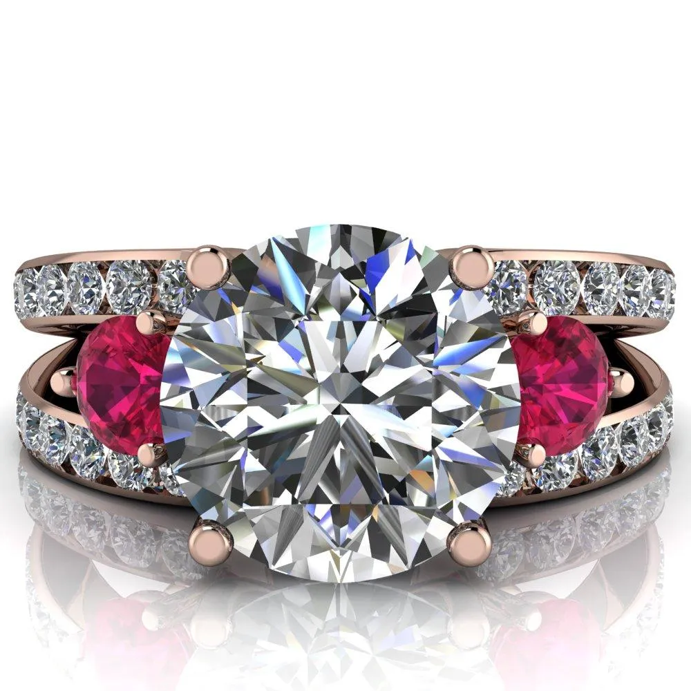 Orion Round Center Stone 2 Round Ruby Sides Split Shank Diamond Channel Set Ring