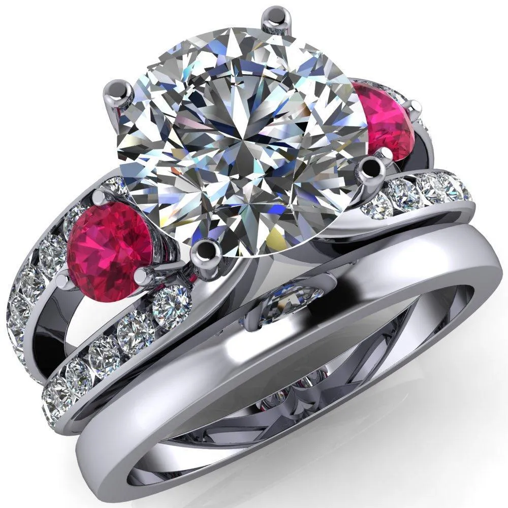 Orion Round Center Stone 2 Round Ruby Sides Split Shank Diamond Channel Set Ring